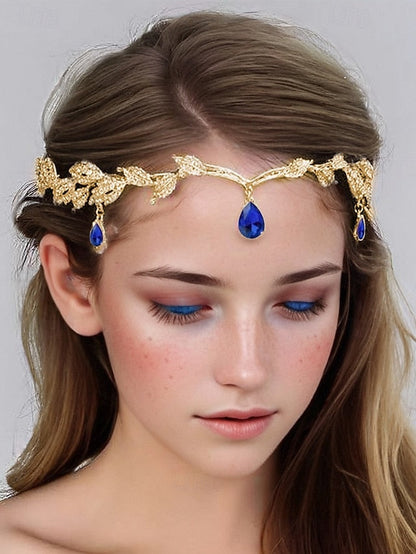 with Gold Vintage Drops Headpiece – Gemstone Blue Leaf FashionChic