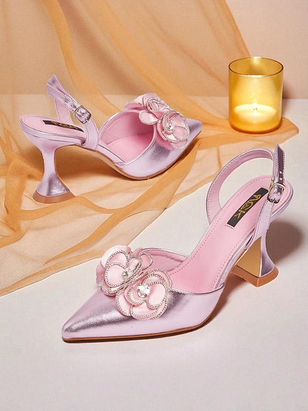 Pink Satin Pointed Floral Toe with Women's Heels FashionChic