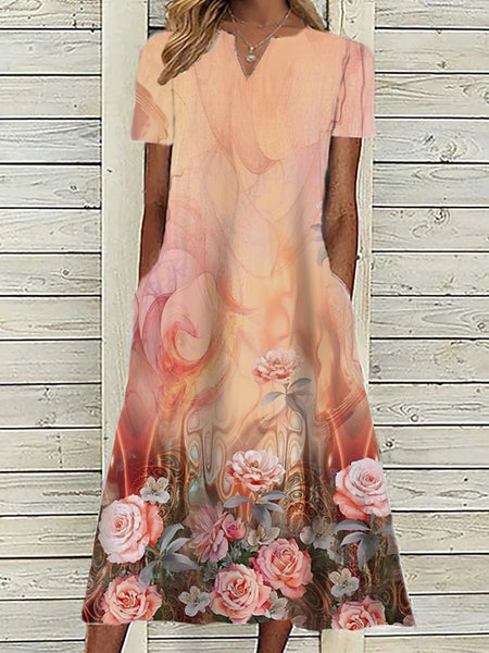 Women's Pink Dress Floral Graphic Print V Neck Midi Dress