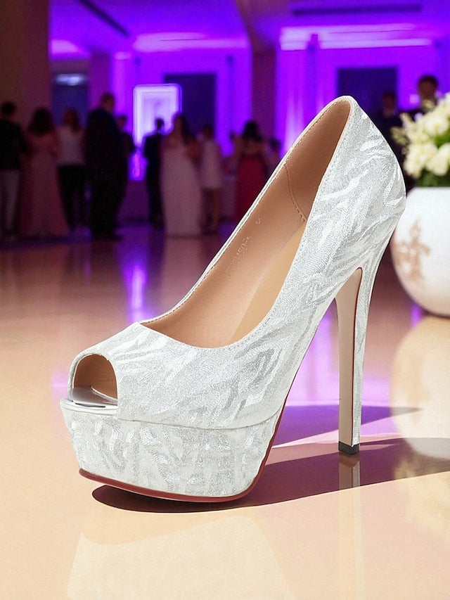 Silver Pattern Women's Heels Platform Subtle with Peep-Toe FashionChic