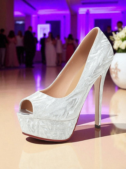 Silver Pattern Women's Heels Platform Subtle with Peep-Toe FashionChic