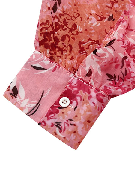 Women's Swing Dress Maxi long Dress Pink Long Sleeve Floral