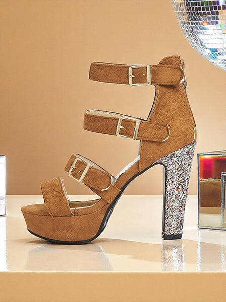High Heel Platform Women's Suede Glitter Sandals Brown with FashionChic