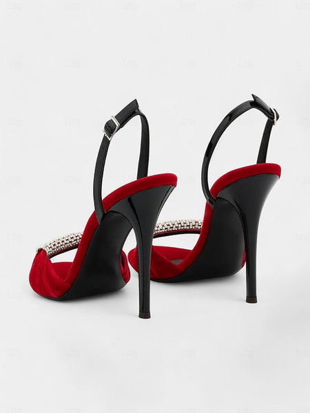with Red Accent Stiletto – Rhinestone Bold Heels Velvet FashionChic