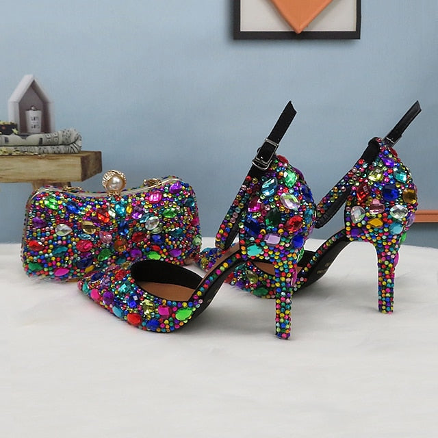 Heel Shoes Multicolor Wedding Women's High with Rhinestone FashionChic