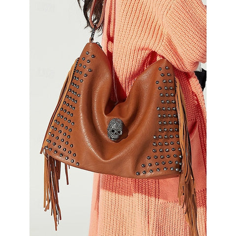 - Brown Leather Boho Studded Bag Women's Hobo Skull Fringe FashionChic