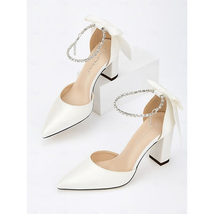 Heel Elegant Women's - Block Ankle Pointed Pumps Toe Satin FashionChic