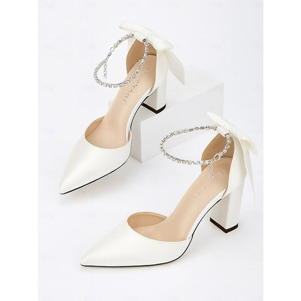 Pointed Women's Block Ankle Heel Toe Elegant Pumps - Satin FashionChic