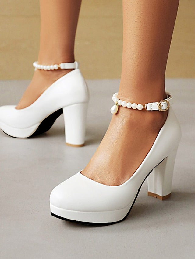 – Pearl with Ankle Pumps Strap Heel White Women's High FashionChic