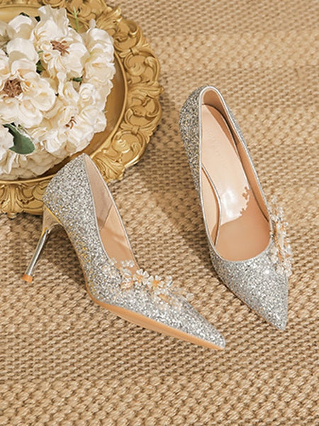 with Women's Glitter Floral Heels Silver Stiletto FashionChic