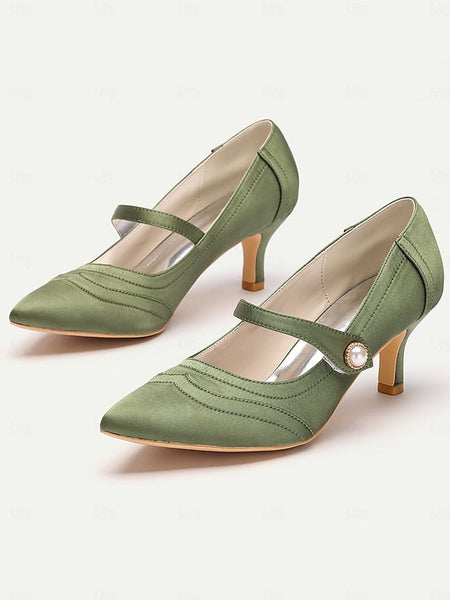 Heels Jane Satin Green Button Pearl - with Elegant Mary FashionChic