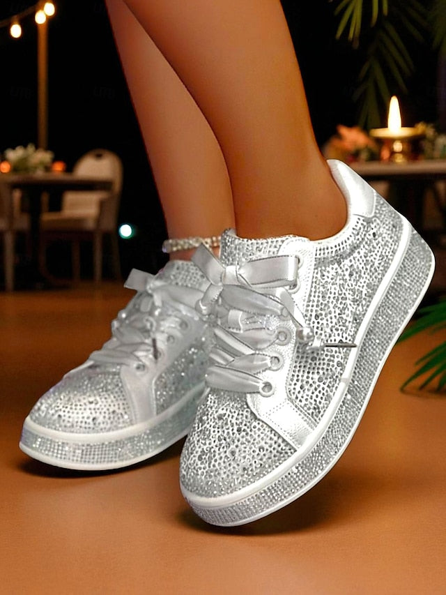 Lace-Up Women's Glamorous - Rhinestone Sneakers Sparkly FashionChic