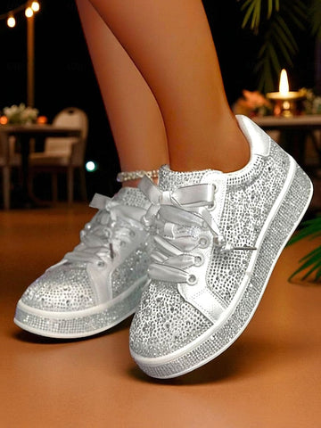 Lace-Up Women's Glamorous - Rhinestone Sneakers Sparkly FashionChic