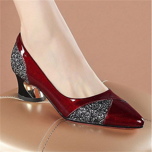 Patent Women's Heels Block Leather Faux Glitter-Accented FashionChic