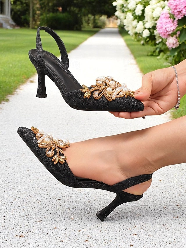 Heels Pearl Detailing Women's Satin Black - Slingback with FashionChic