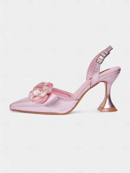 Pink Satin Pointed Floral Toe with Women's Heels FashionChic