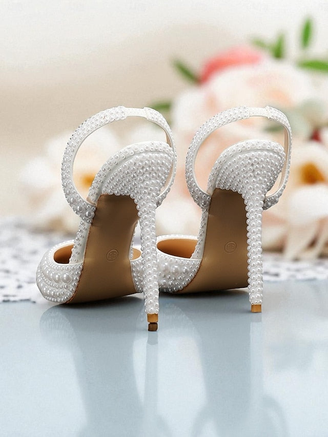 White Pearl-Embellished Slingback Heels Leather Women's - FashionChic