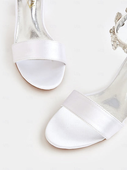 Sandals Floral Ankle Strap with Block Satin White Bridal Heel FashionChic