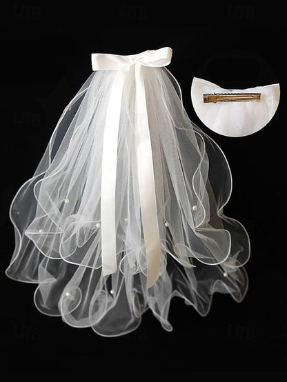 and Soft - Bridal Satin Tulle Ivory Ribbon with Veil Elegant FashionChic