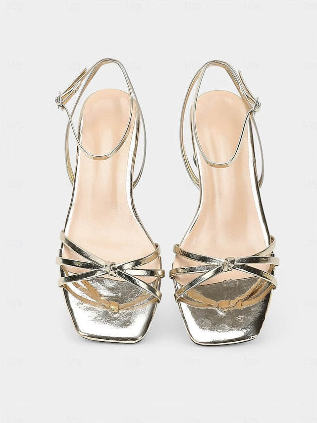 Shiny Heels Block Metallic Women's Ankle Strap Gold – FashionChic