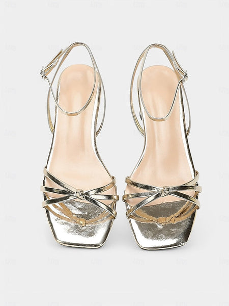 Women's Metallic Ankle Strap – Heels Gold Block Shiny FashionChic
