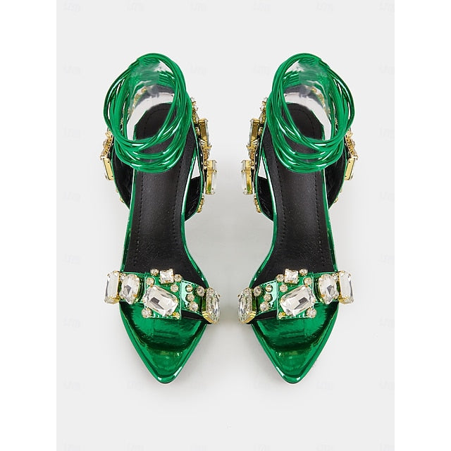 Heels Women's Stiletto with Green Metallic Lace-Up FashionChic