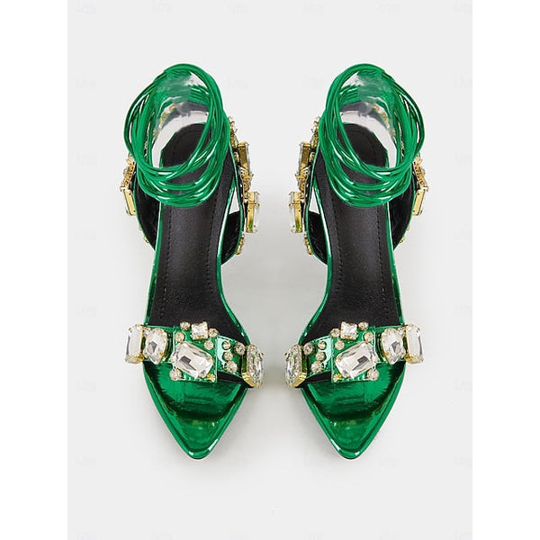 Heels Women's Stiletto with Green Metallic Lace-Up FashionChic