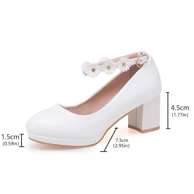 Girls' Daisy with Dress Flower Shoes Ankle Heel White Block FashionChic