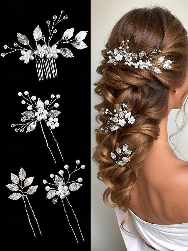 Leaf Faux Pearls Accessory Bridal Hair with Set and Silver Gold FashionChic