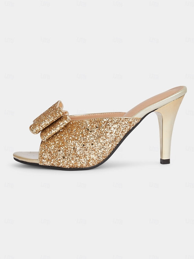 Bow Glamorous – Party Women's Gold Glitter Stiletto Mules FashionChic