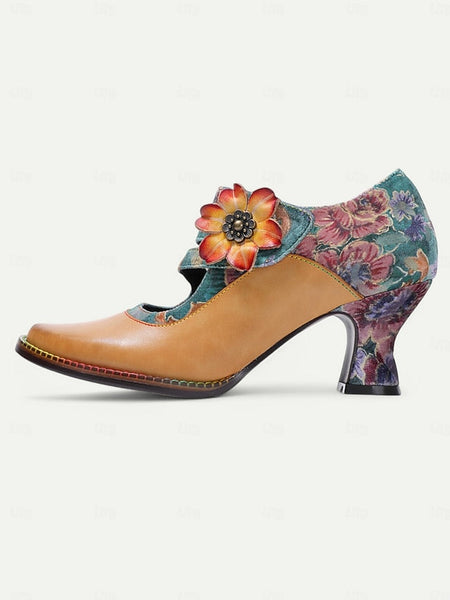 Floral Women's Leather Mary – Jane Vintage Heels 1930s FashionChic