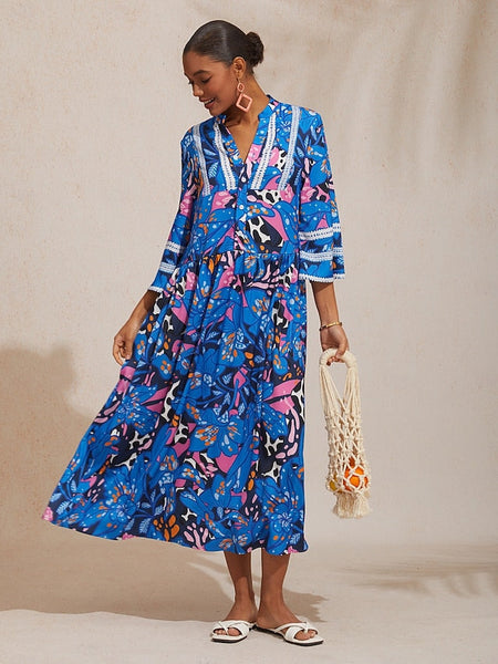Vacation Abstract Color Dot Floral Loose fit Satin Maxi Dress FashionChic