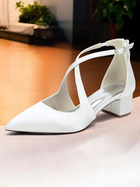 Satin - Block Pointed Toe Women's Heels Elegant Ivory FashionChic