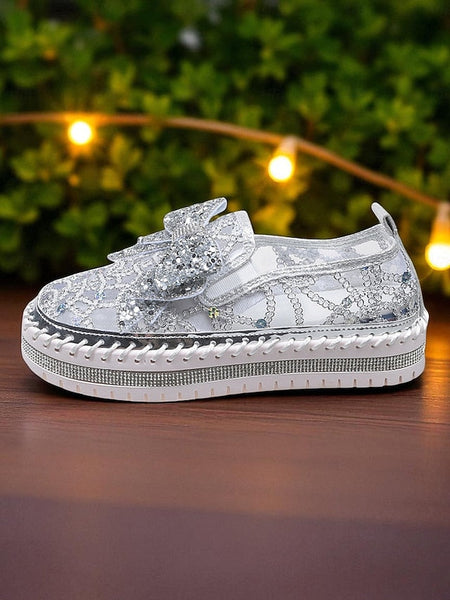 Rhinestone Slip-On Women's Lace Shoes with Black Bow FashionChic