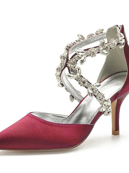 Heels Elegant Women's Satin White Crystal – Strap Pointed FashionChic