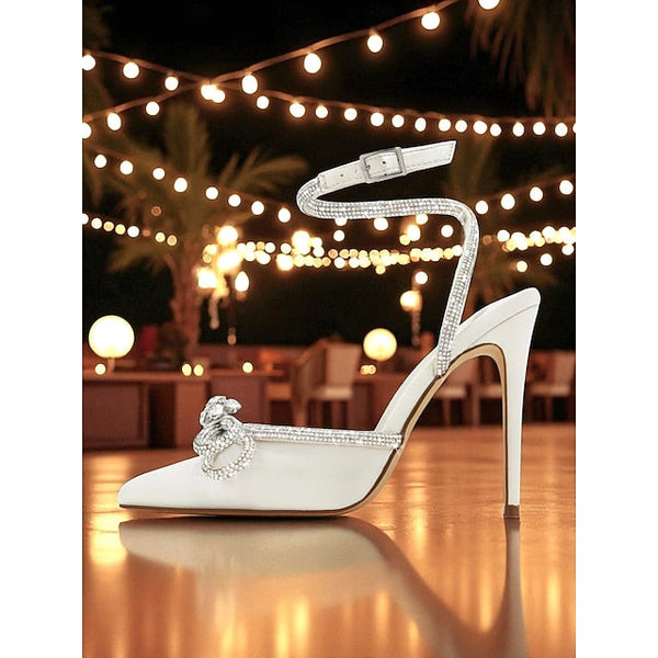 and Heels Black Stiletto Women's Bow with Rhinestone Satin FashionChic