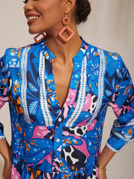 Vacation Abstract Color Dot Floral Loose fit Satin Maxi Dress FashionChic