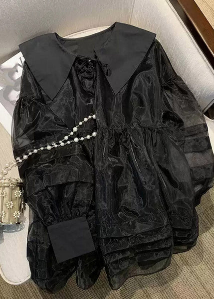 Long Neck Mid V Dresses French Tulle Patchwork Black Sleeve FashionChic