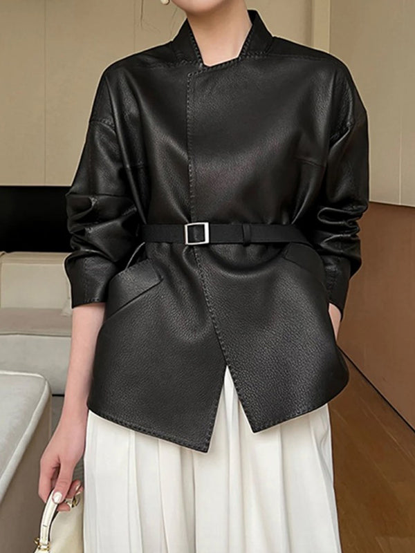 Modern Black Stand Collar Belted Pockets Long Sleeve Pu Leather Jacket TW013 ABC