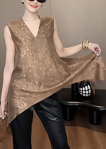 Elegant Khaki V Neck Asymmetrical Solid Silk Tank Sleeveless QP052 OL-VTP241001