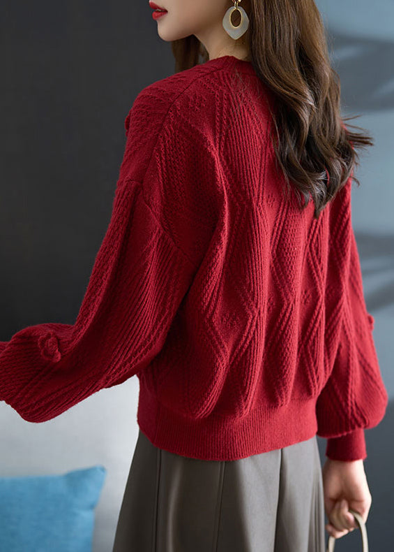 French Red O Neck Plaid Knit Sweater Fall QC031 shopify