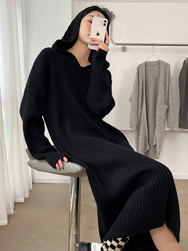 Stylish Apricot V-neck Hooded Long Sleeve Striped Knit Dress AN1044 Genistyle Shop