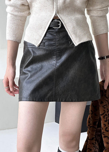 Black Solid Zippered Faux Leather Skirt High Waist AF1037 HS-SPTS240914