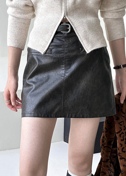 Black Solid Zippered Faux Leather Skirt High Waist AF1037 HS-SPTS240914