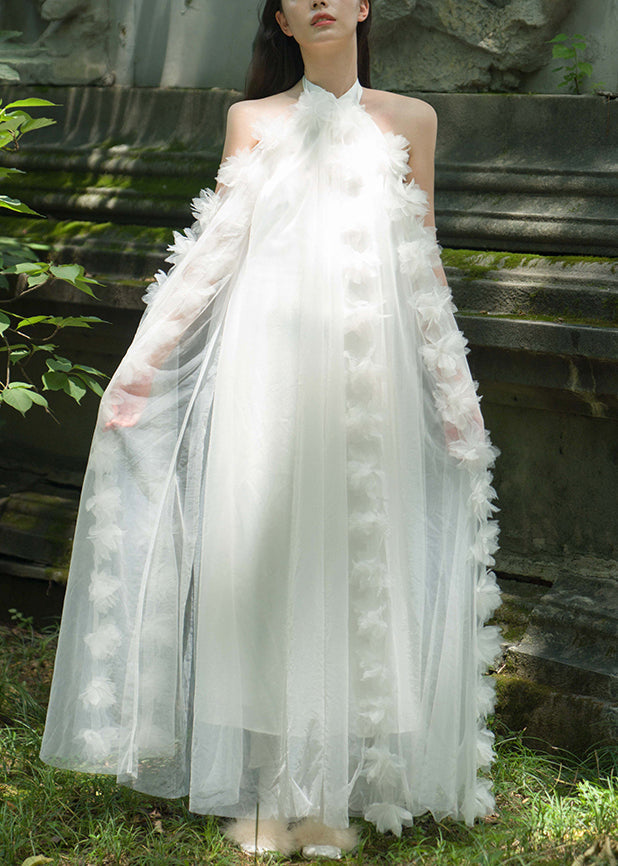 Elegant White Lace Up Solid Tulle Maxi Dresses Summer AZ1016 shopify