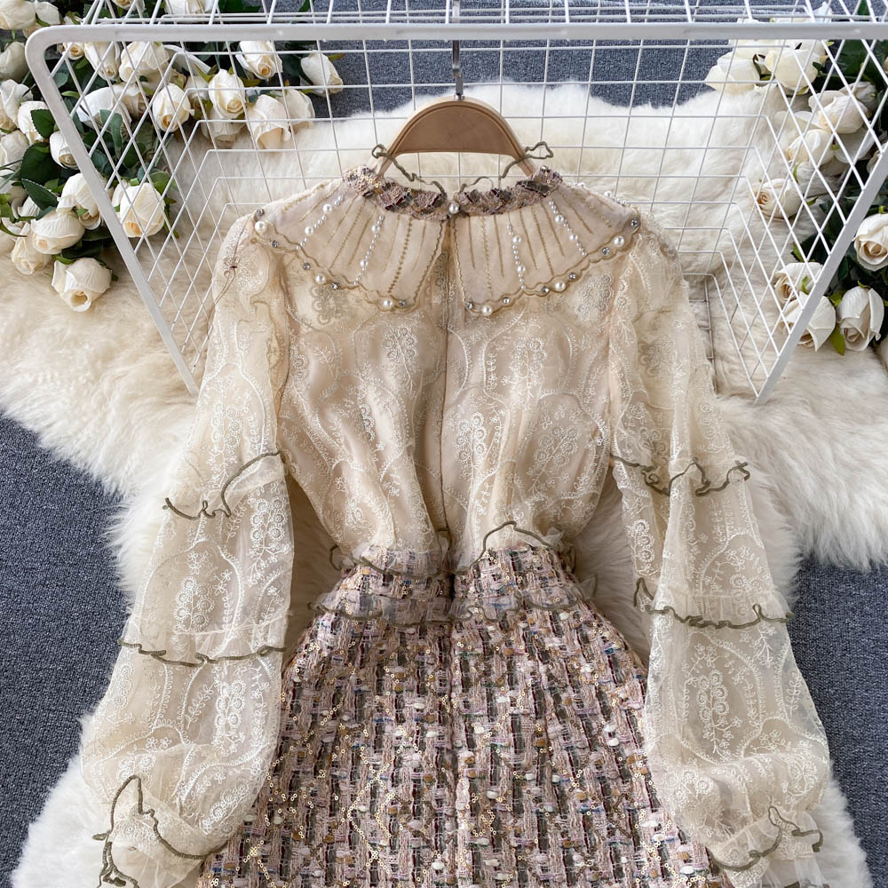 Elegant Khaki Stand Collar Embroidery Lace Long Sleeve Patchwork Sequins Tweed Dress AR1012 shopify