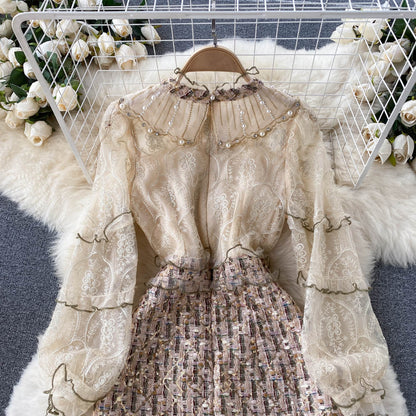 Elegant Khaki Stand Collar Embroidery Lace Long Sleeve Patchwork Sequins Tweed Dress AR1012 shopify