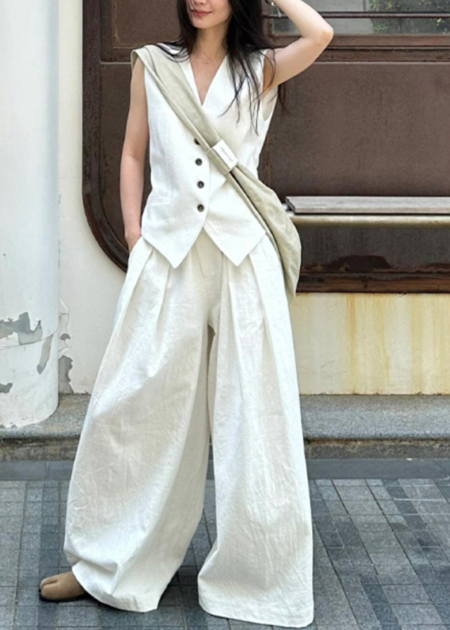 Vogue White V Neck Button Linen Waistcoat And Wide Leg Pants Two Piece Set Summer AN1030 Genistyle Shop