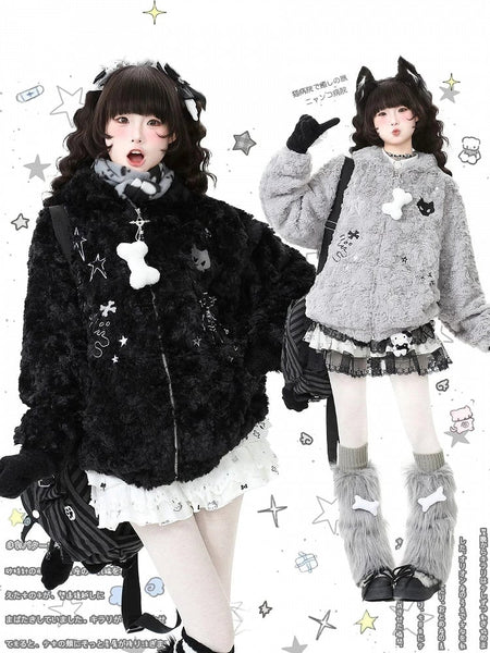 Hoodie Star Plush Bittersweet Pattern Black/Grey Jacket with FashionChic