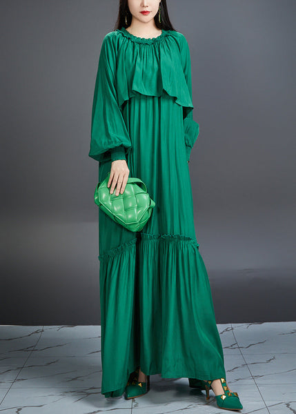 Italian Green Ruffled Pockets Tie Waist Cotton Maxi Dress Fall AJ1028 JDML-240909